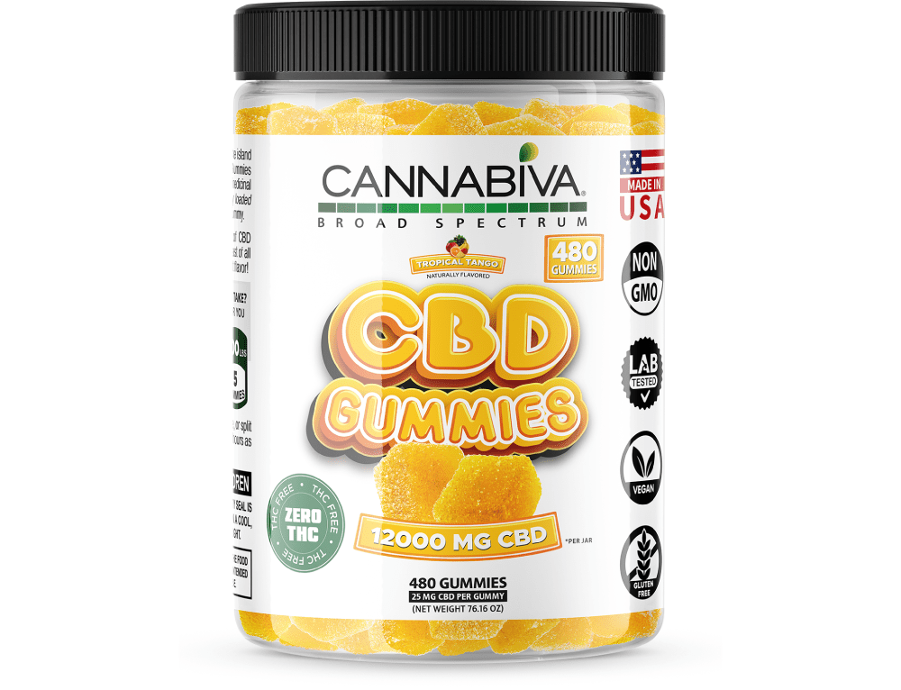 Cannabiva 12,000 mg Broad Spectrum CBD Gummies in Tropical Tango flavor are third-party lab-tested and verified 0.0% THC.
