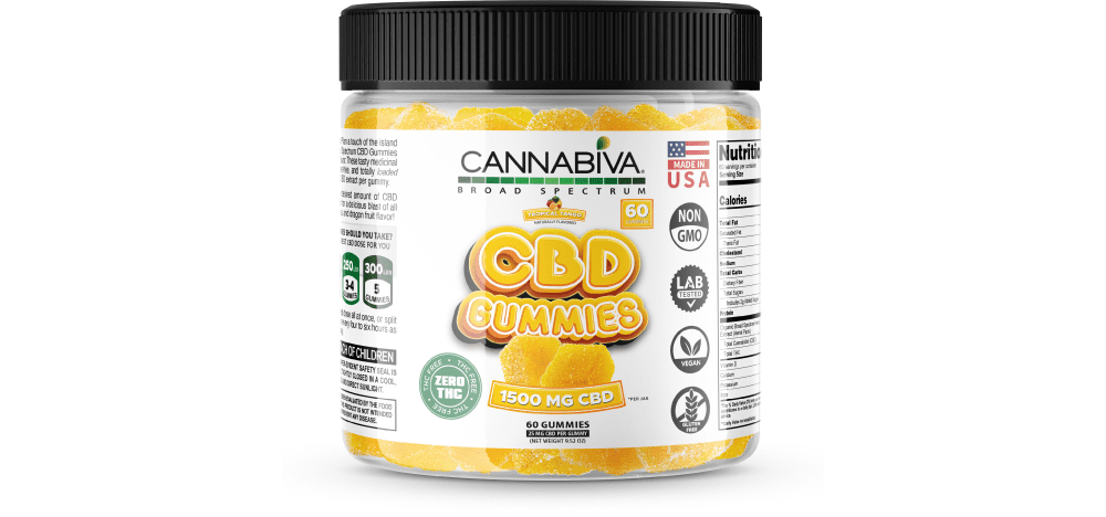 Cannabiva 1,500 mg Broad Spectrum CBD Gummies in Tropical Tango flavor are third-party lab-tested and verified 0.0% THC.