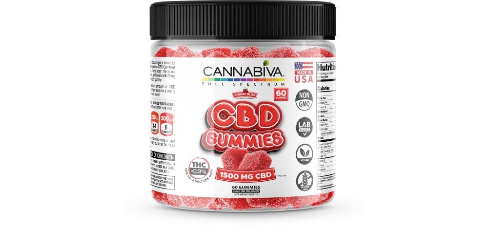 Cannabiva 1,500 mg Full Spectrum CBD Gummies in Cherry Bliss flavor are third-party lab-tested by ISO-accredited labs.