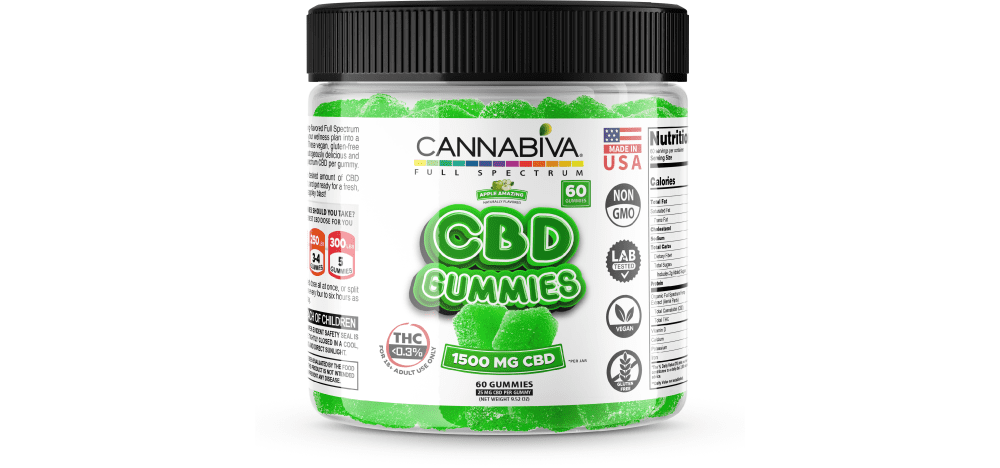 Cannabiva 1,500 mg Full Spectrum CBD Gummies in Apple Amazing flavor are third-party lab-tested by ISO-accredited labs.