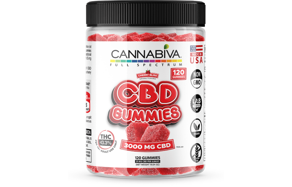 Cannabiva 3,000 mg Full Spectrum CBD Gummies in Cherry Bliss flavor are third-party lab-tested by ISO-accredited labs.