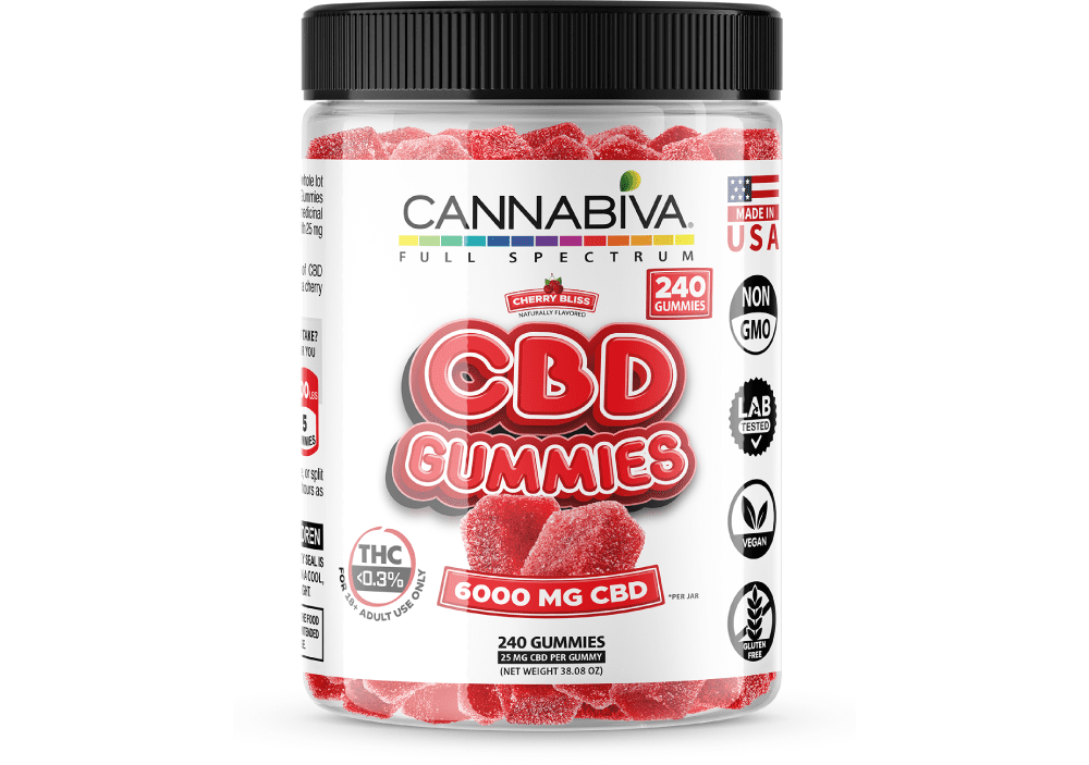 Cannabiva 6,000 mg Full Spectrum CBD Gummies in Cherry Bliss flavor are third-party lab-tested by ISO-accredited labs.