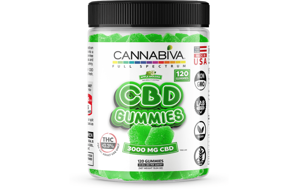 Cannabiva 3,000 mg Full Spectrum CBD Gummies in Apple Amazing flavor are third-party lab-tested by ISO-accredited labs.