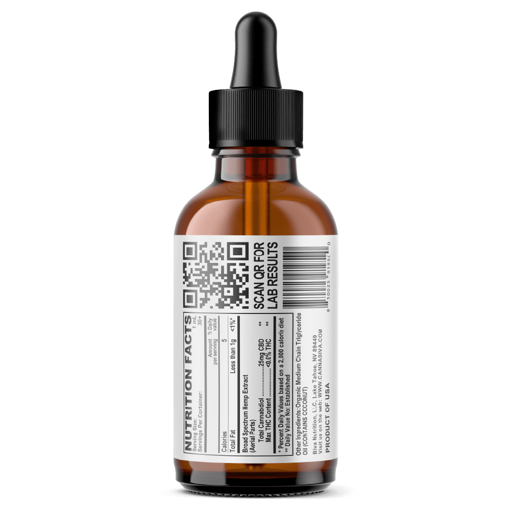 Cannabiva 750MG Broad Spectrum CBD Oil Tincture - Regular Strength - Ingredients Label