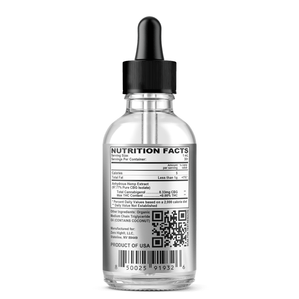 250MG CBG Oil Tincture - 2x Strength Cannabigerol Pure Isolate With No THC - Ingredients Label