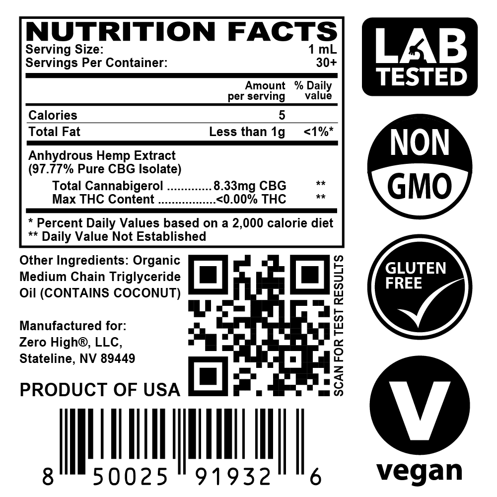 250MG CBG Oil Tincture - 2x Strength Cannabigerol Pure Isolate With No THC - Supplement Facts Label