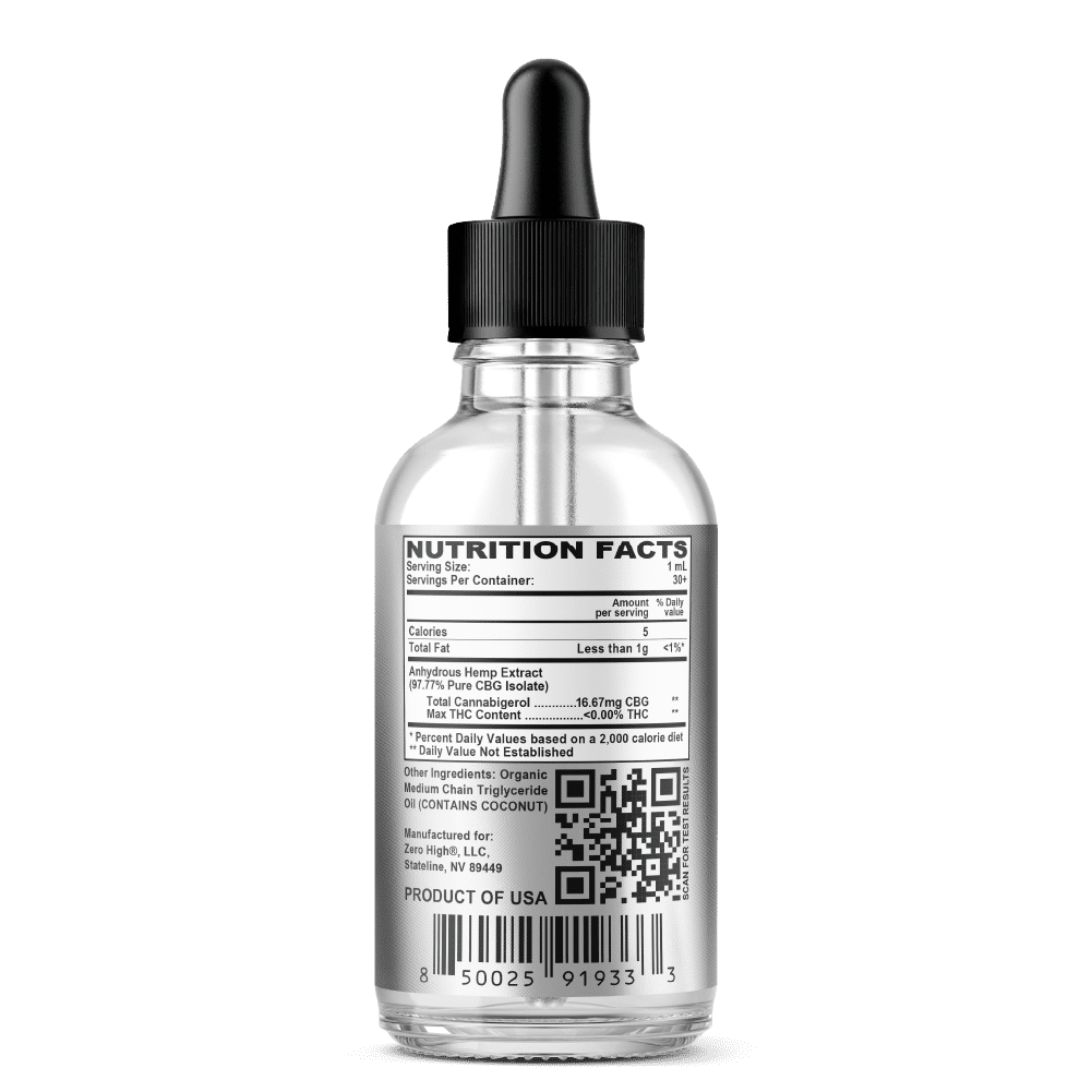500MG CBG Oil Tincture - 5x Strength Cannabigerol Pure Isolate With No THC - Ingredients Label