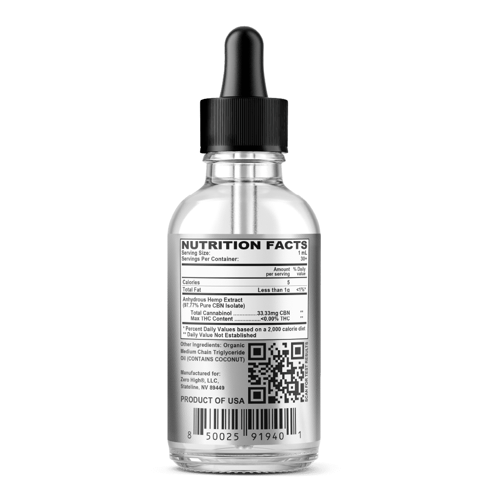 Zero High 1000MG Cannabinol CBN Oil Tincture - 10x Strength - Pure Isolate No THC - Ingredients Label