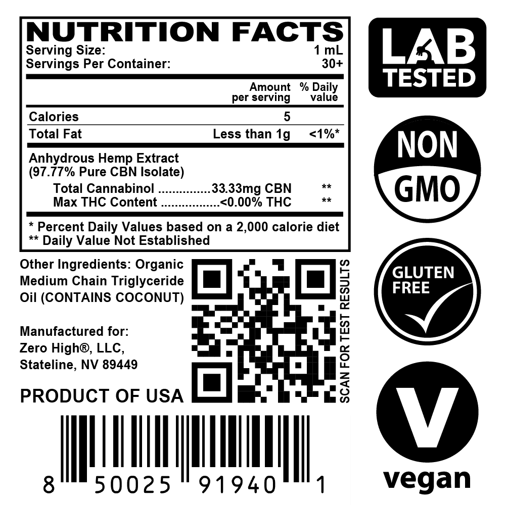 Zero High 1000MG Cannabinol CBN Oil Tincture - 10x Strength - Pure Isolate No THC - Supplement Facts Label