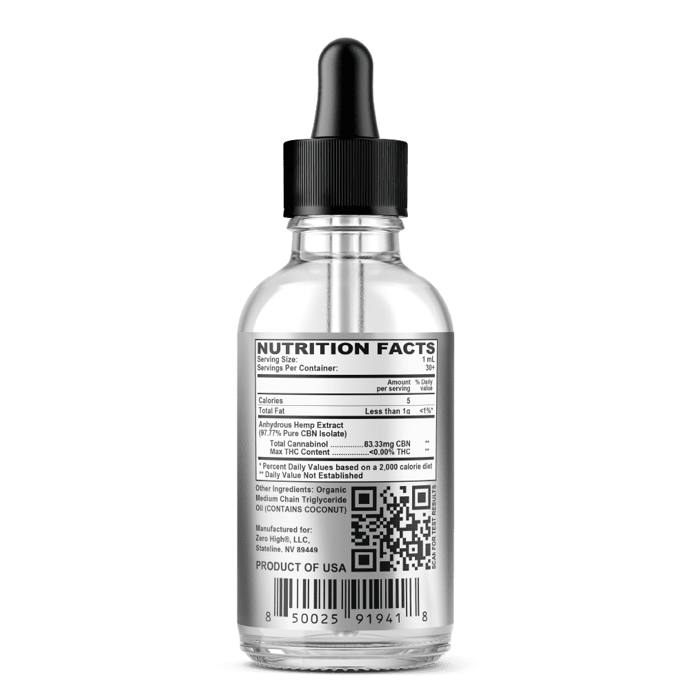Zero High 2500MG Cannabinol CBN Oil Tincture - 25x Strength - Pure Isolate No THC - Ingredients Label