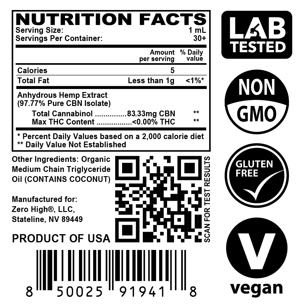 Zero High 2500MG Cannabinol CBN Oil Tincture - 25x Strength - Pure Isolate No THC - Supplement Facts Label